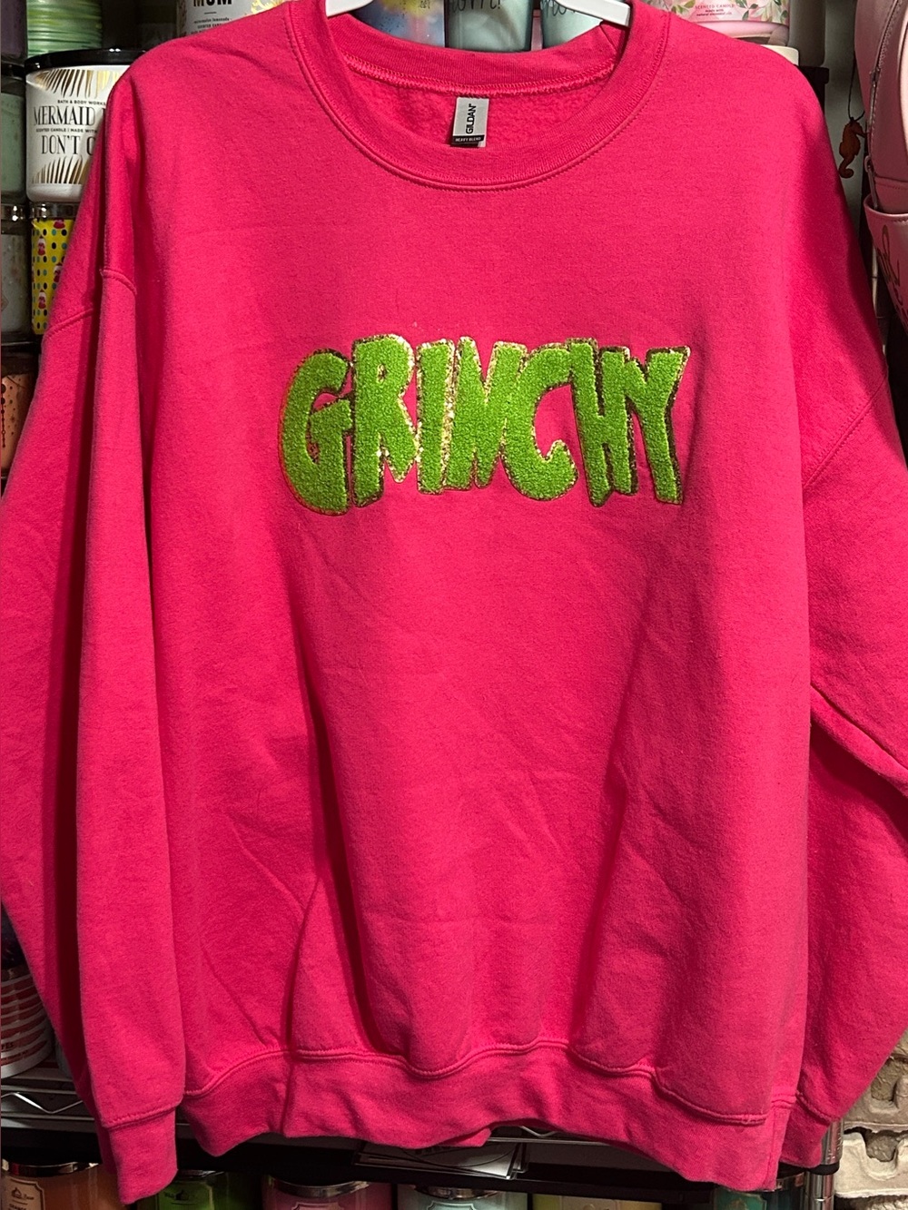 Gildan Hot Pink Crewneck Sweatshirt with Green 'GRINCHY' Plush Lettering